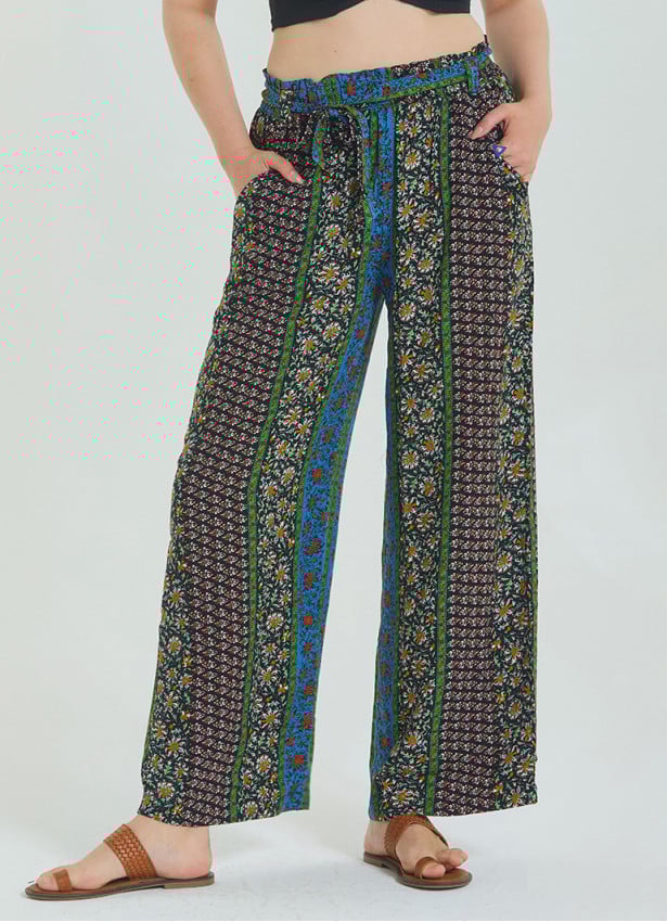 Navy Blue Women's Plus Size Trousers with Elastic Waist Belt Detail 4619